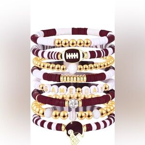 🏈🏈8 Stretchy Beaded Football Charms Brown & White Bracelet Set🏈🏈